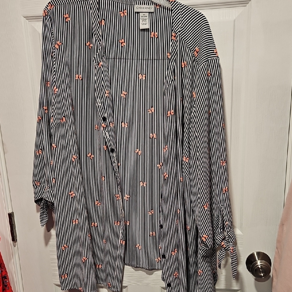 Catherines Navy and White Striped Button Down Shirt with Butterfly Accents